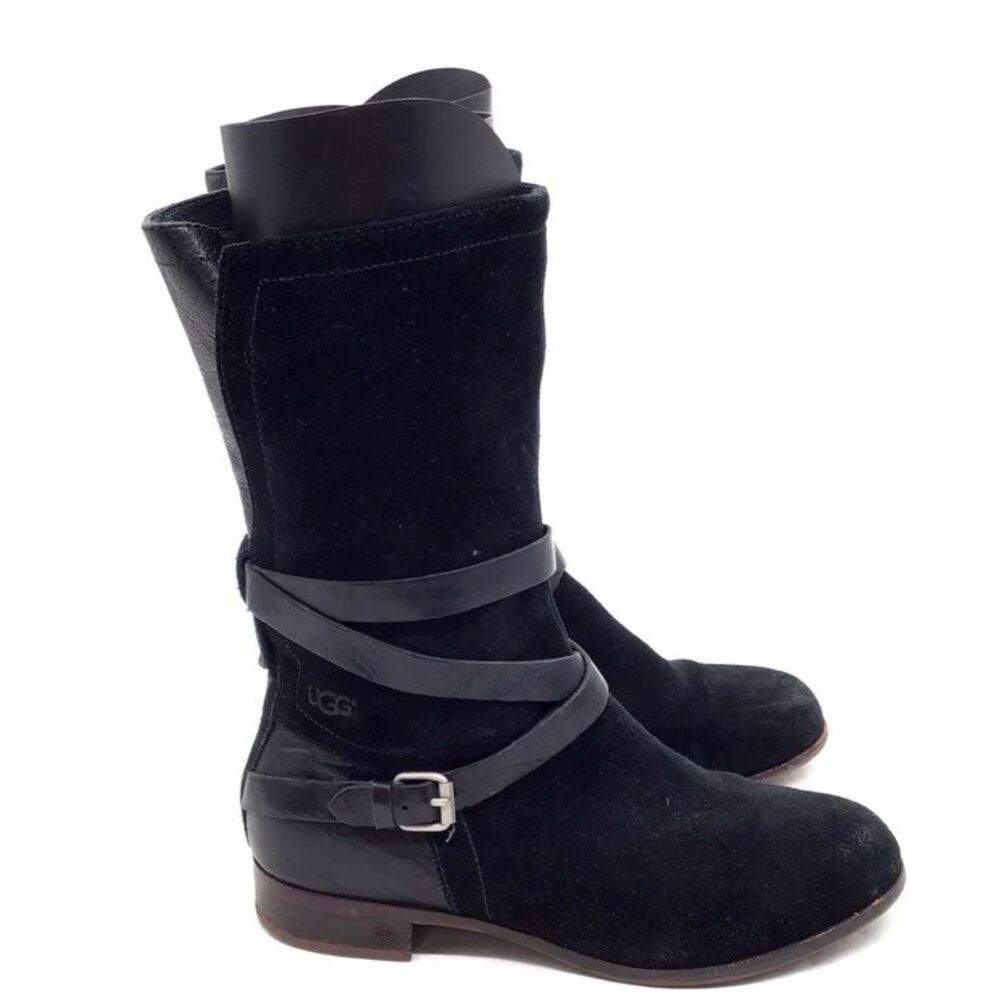 Ugg Women's Deanna Black Suede Leather Riding Boots - Size 7.5 - Picture 3 of 6